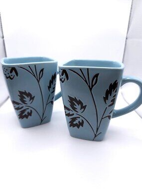 Set Of 2 Mystic Passage Blue Square Ceramic Mugs With Black Floral Design Dishwa